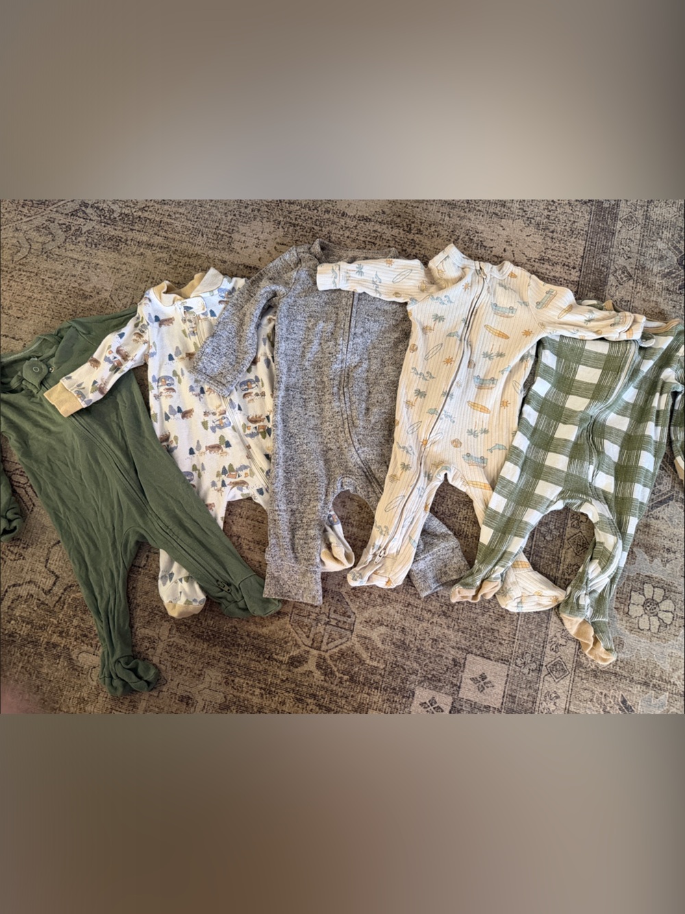 Bundle Of Neutral & Green Baby Footed Sleepers - Mixed Patterns